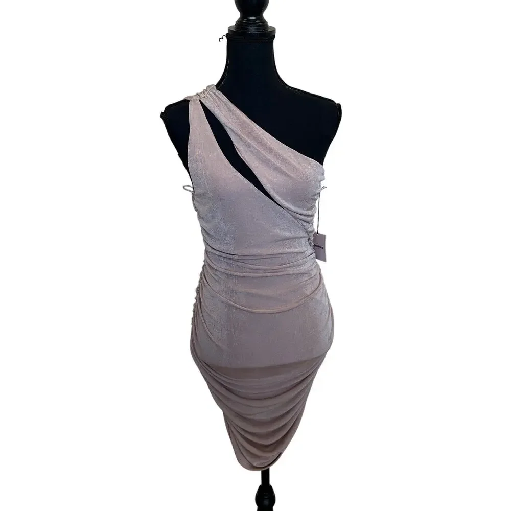 Superdown Nude Slinky One Shoulder Mini Dress MEDIUM Ruched Revolve Cut Out NEW - Picture 4 of 10